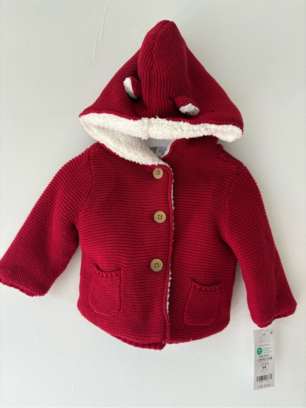Cozy Carters Red Hooded Knit Baby Jacket Sweater with Sherpa Lining